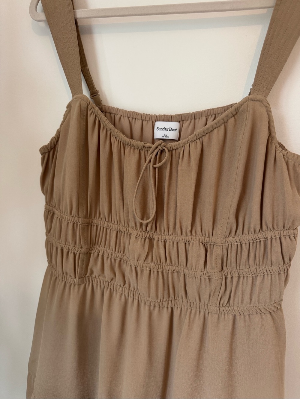 Sunday Best Taupe Smocked Martine poplin dress satin/silk. Size XL